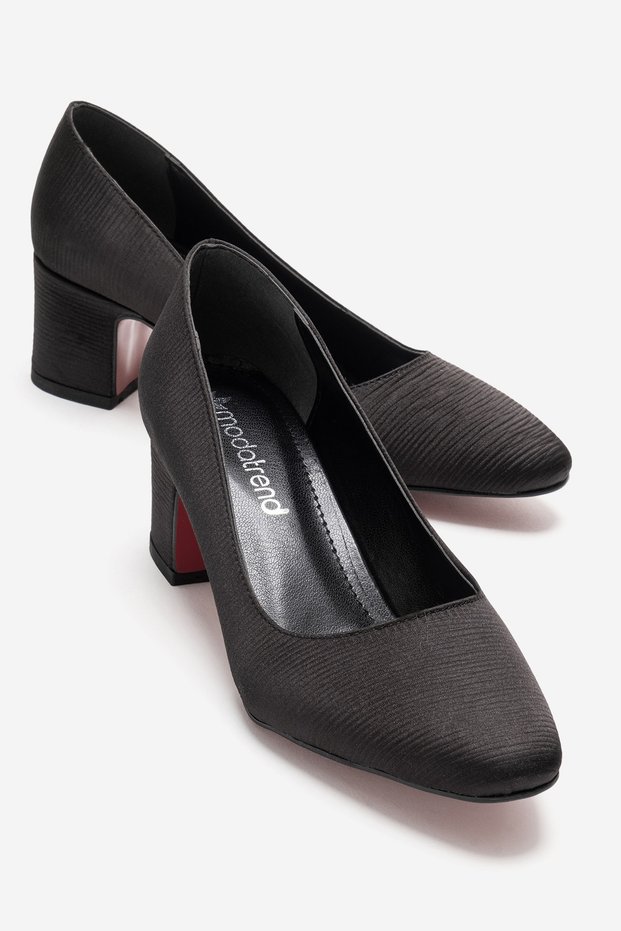 Women's Mirror Heel Covered Block Heel Shoes; Black Striped Satin