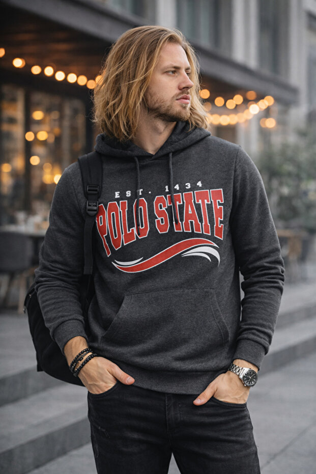 Men's Hooded Printed Kangaroo Pocket 3 Threaded Anthracite Sweatshirt