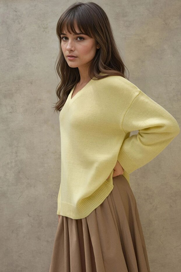 Kalın Örme V-Yaka Kazak - 3