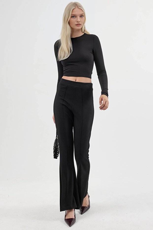 Modal Dokulu İspanyol Paça Pantolon - 4