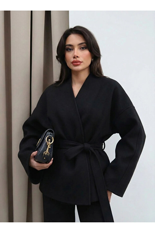 Women's Black Belted Shawl Collar Oversize Low Shoulder Short Cashmere Coat Jacket