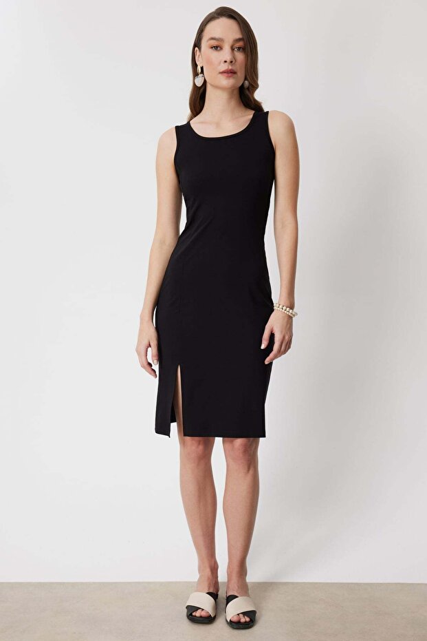 Kalın Askılı Yırtmaçlı Midi Elbise - 1