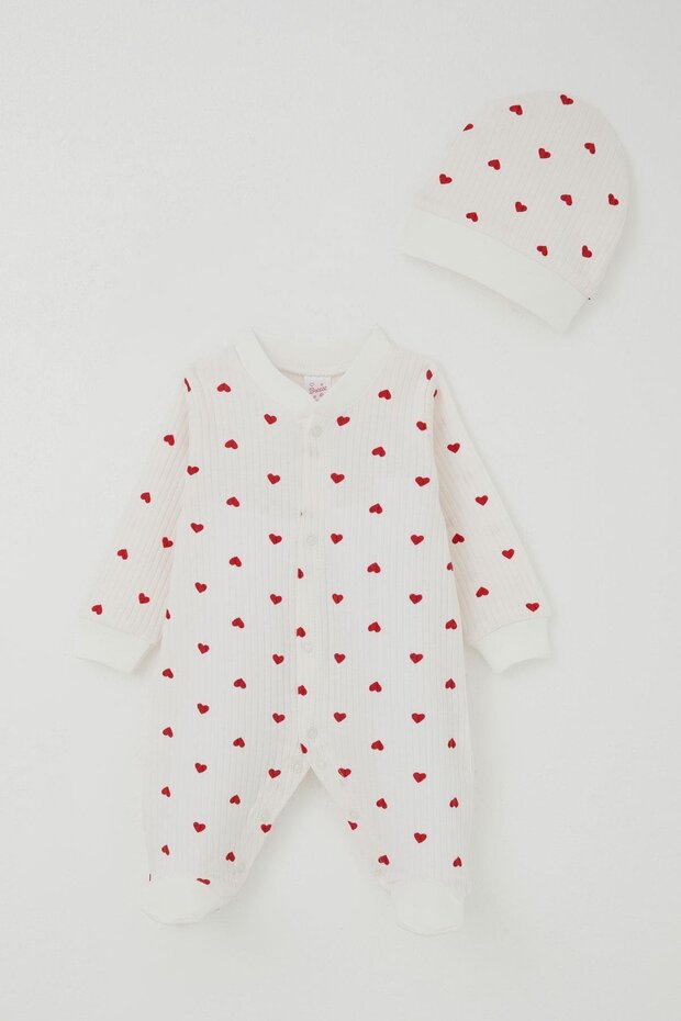 Baby Girl Booties Jumpsuit Heart Patterned 0-6 Months, Ecru