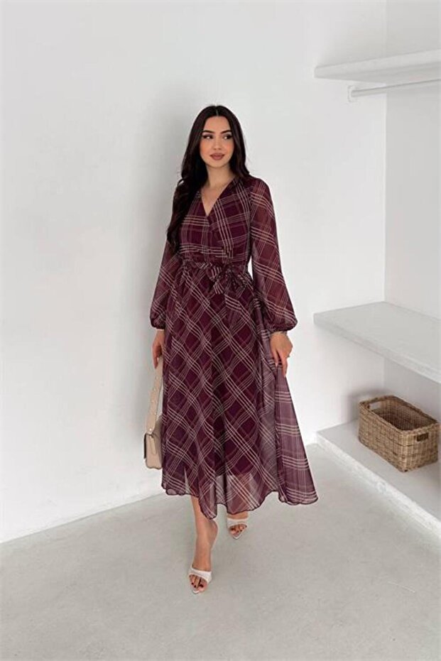 Women's Burgundy Double-Breasted Collared Plaid Patterned Chiffon Dress with Belt at the Waist, Midi Length