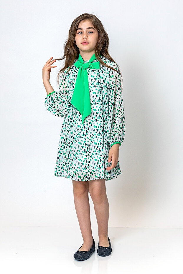 Girl's Bow Collar Patterned Green Dress - New Season
