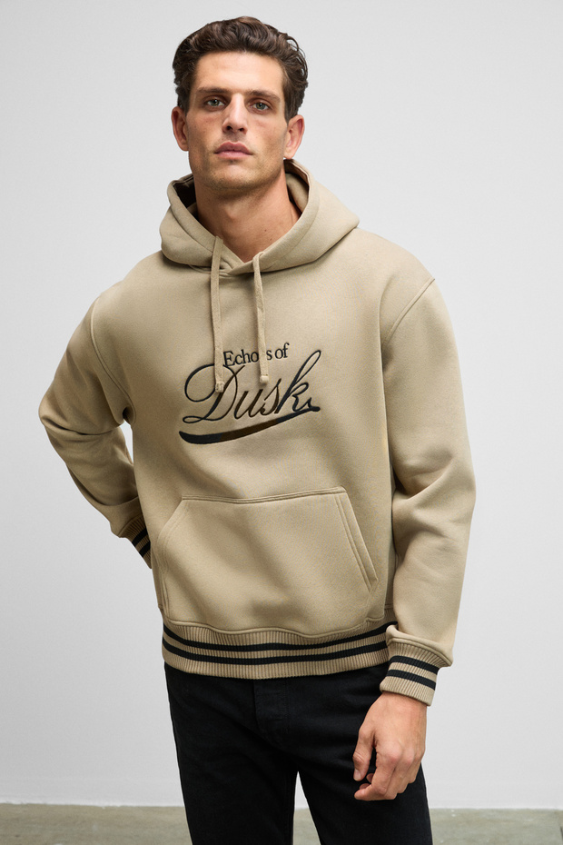 Phantoseas Men's Hooded Mink Sweatshirt with Embroidered Front and Knitted Skirt and Sleeve Detail