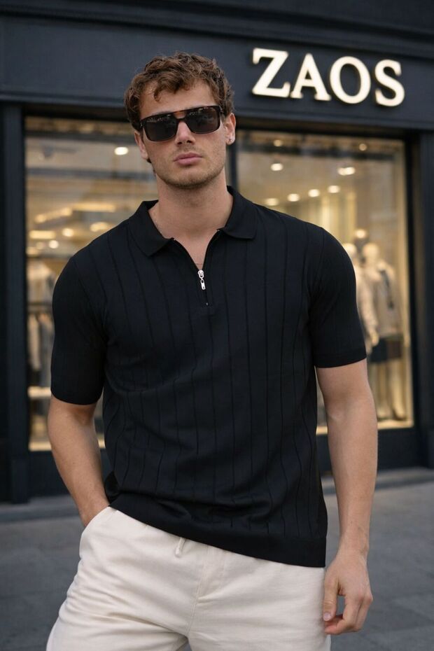 Men's Poloyaka Zippered Basic Knitwear T-Shirt, Comfortable Quality Cotton Ribbed Textured T-Shirt