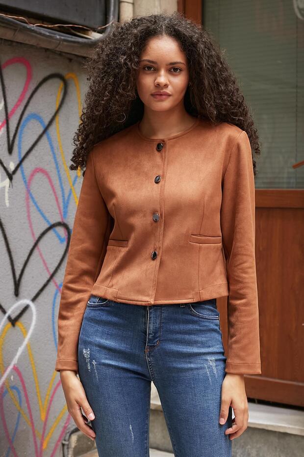Women's Stretchy Suede Fabric Zero Collar Flato Pocketed Long Sleeve Blazer Jacket-Tan