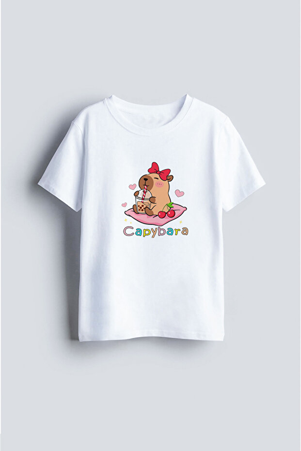Capybara Printed White Crew Neck Kids T-Shirt T-Shirt
