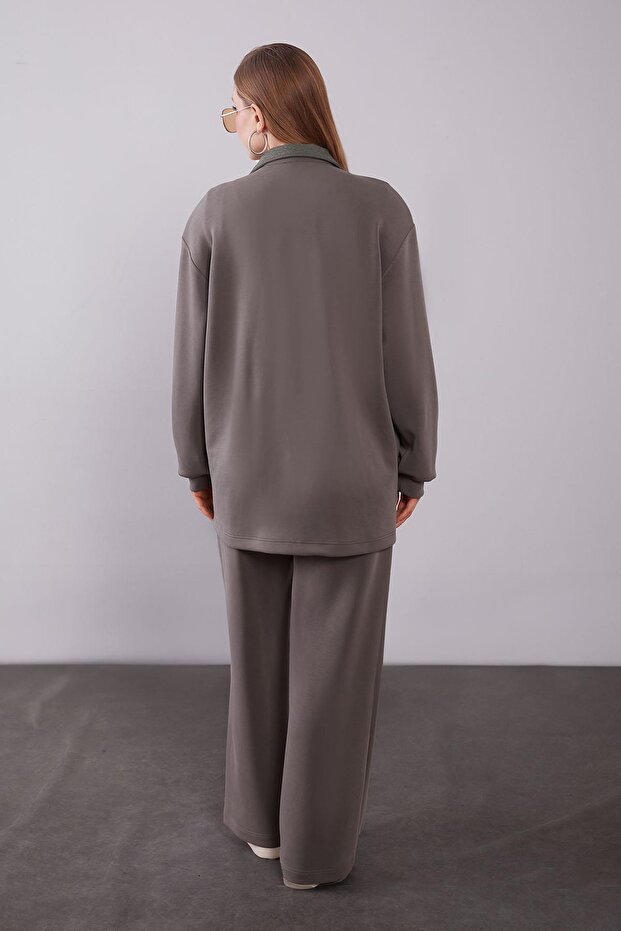 طقم مكون من قطعتين بياقة ذاتية التصميم باللون الكاكي - 6