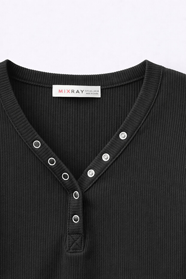 2049 Kadın Çıtçıtlı Basic Bluz Siyah - 2