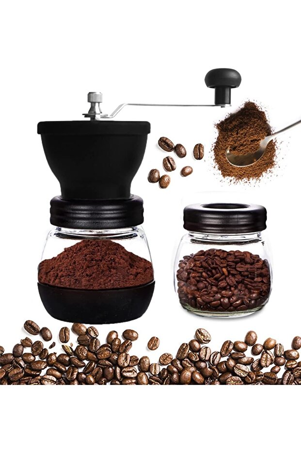 Manual coffee grinder with ceramic grinding burrs and an additional glass container