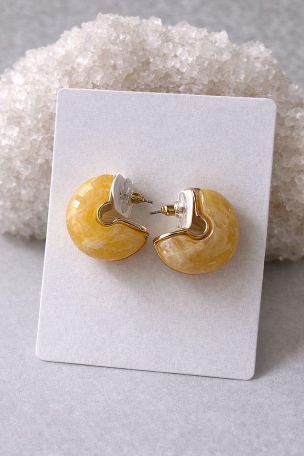 Yellow Marble Pattern Resin Chubby Dublin Hoop Earrings
