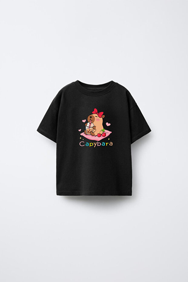 Capybara Printed Black Crew Neck Kids T-Shirt T-Shirt