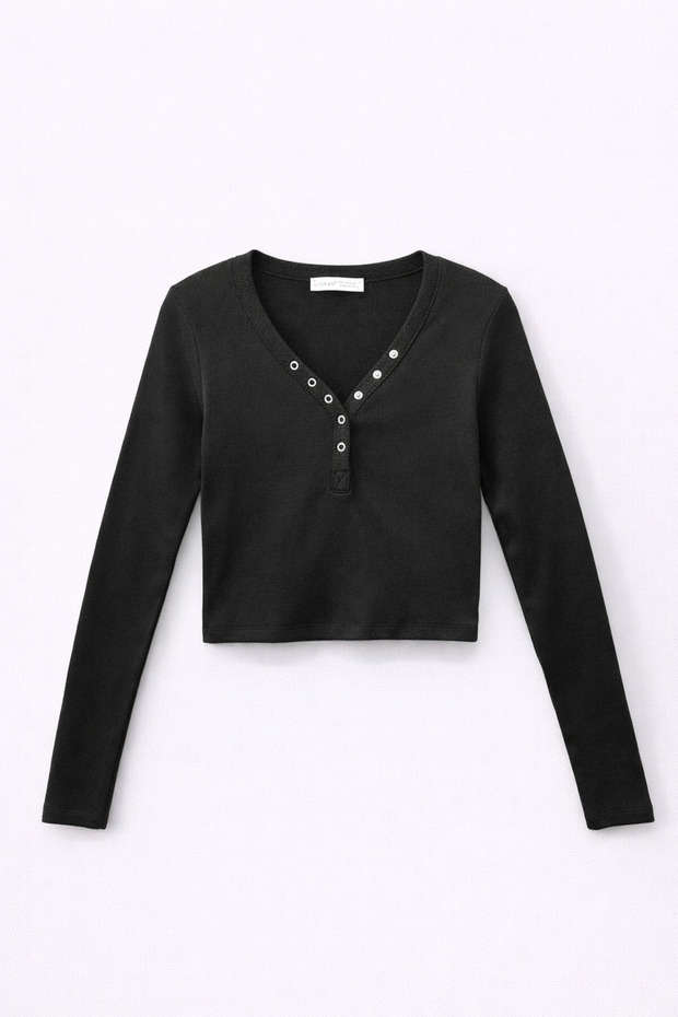 2049 Kadın Çıtçıtlı Basic Bluz Siyah - 1