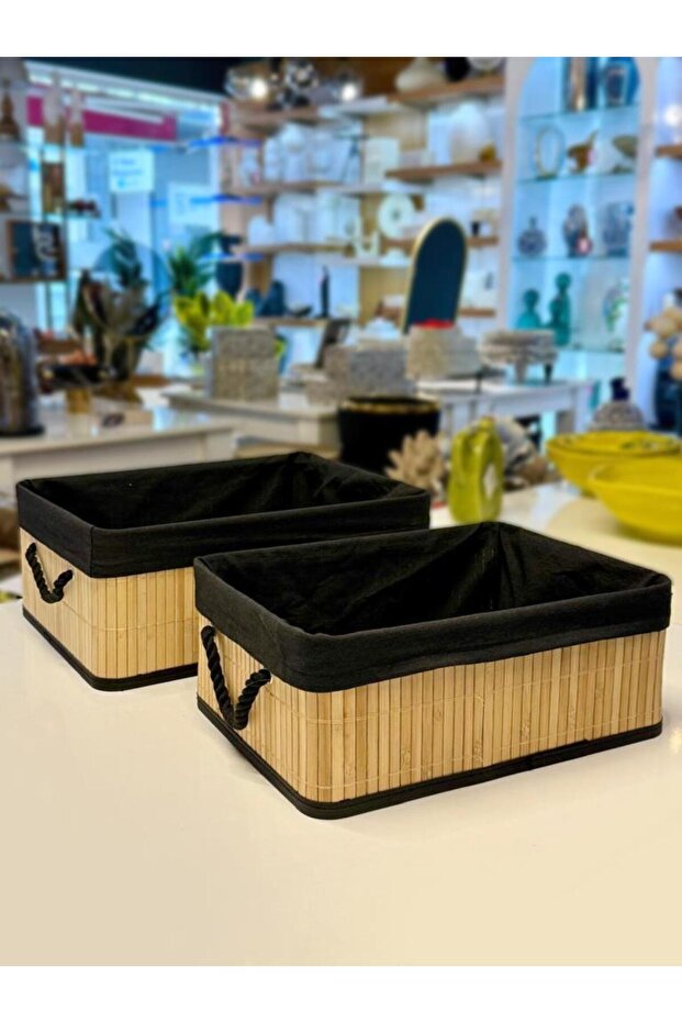 SİYAH KUMAŞLI 2'Lİ BAMBU SEPET - 2