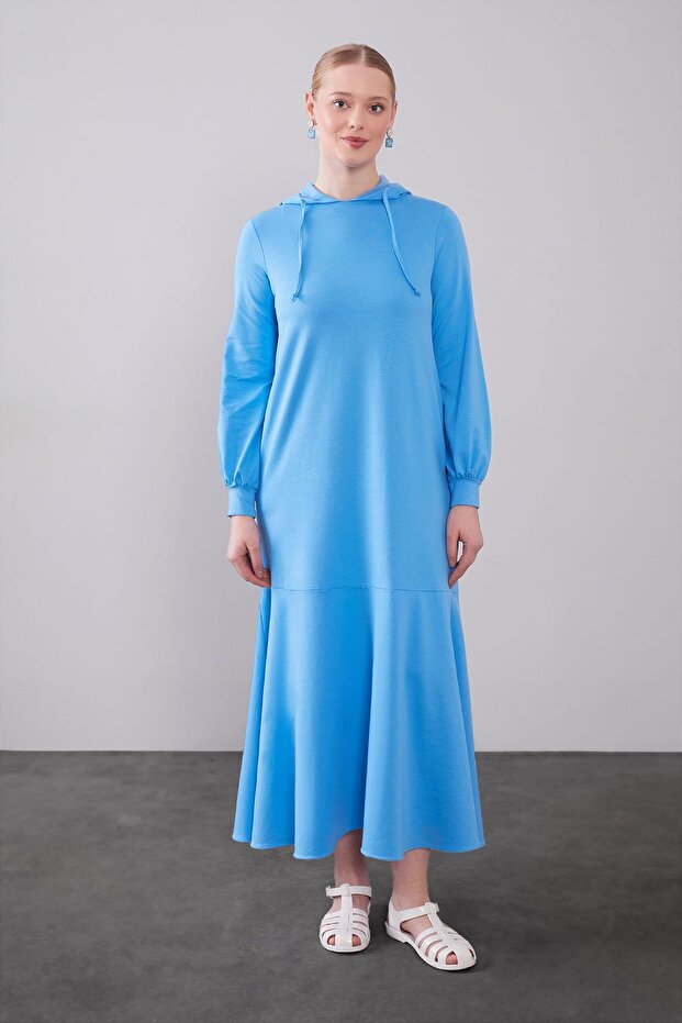 Blue Hooded Dress with Hidden Pocket Detail