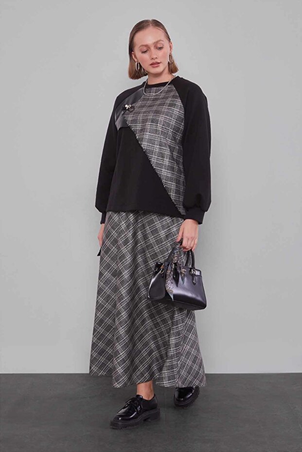 Black Plaid Patterned Skirt Suit