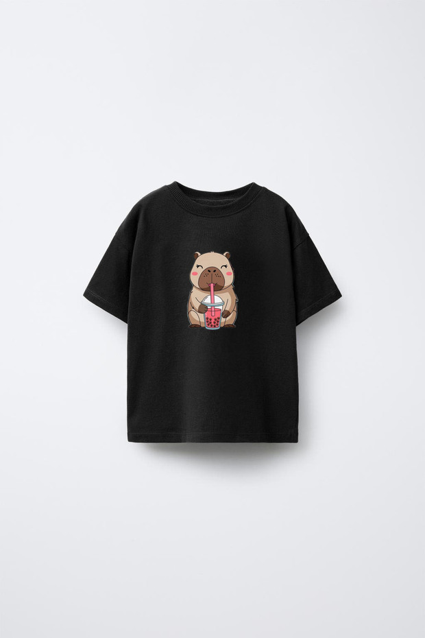 Capybara Printed Black Crew Neck Kids T-Shirt T-Shirt