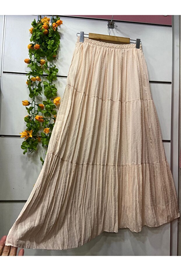 Cream Embroidered Layered Chiffon Skirt with Lining