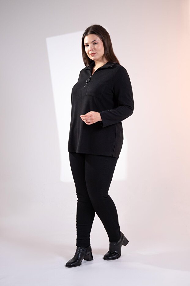 Plus Size Women's Zippered Knitwear Blouse Black