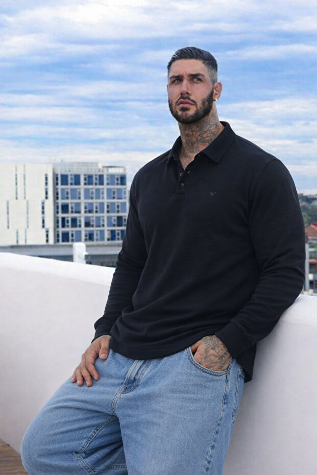 Men's Plus Size Black Polo Long Sleeve T-Shirt