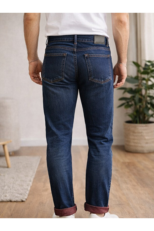 Men's Slim Fit Jeans with Detailed Cuffs, Flexible and Layered Design, Blue