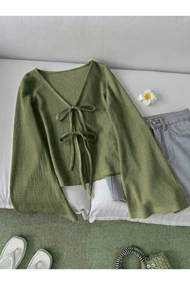 Women's Front Two-Point Tie-Detail Bell Sleeve Crinkled Blouse