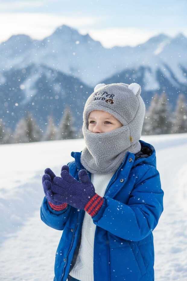 Plush Children's Cute Teddy Bear Snow Mask Super Hero 3-9 Years Old Children's Beanie Gray