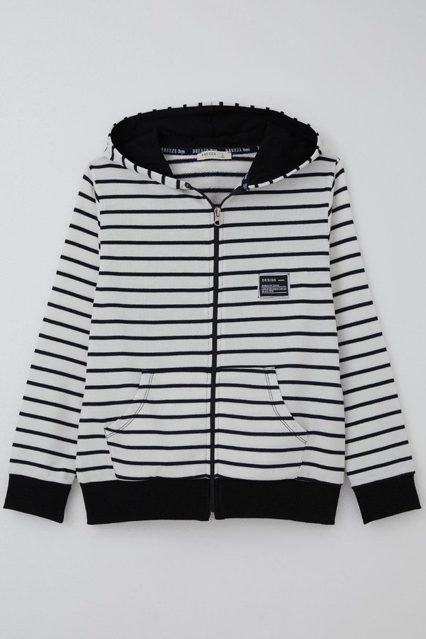 Boy's Cardigan with Arma Detail and Zipper Hood, Ages 4-8, White