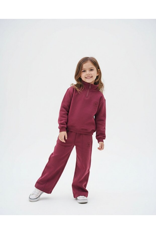 Premium Girls' Plum Bottom-Top Cotton Soft Zipper Pocket Sweatpants Set 3-8 Years