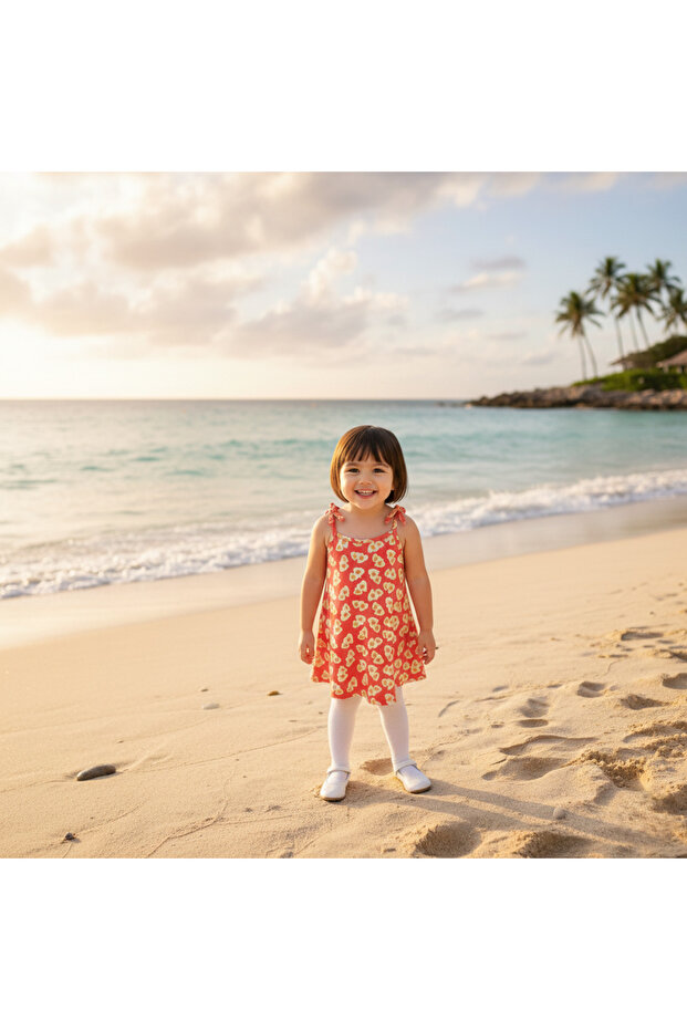 Summer Girls' Printed Dress with Straps and Laces