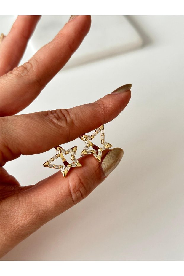 Cmjewelry Series Glass Stone Detailed Star Earrings – Gold Tone, 17 mm