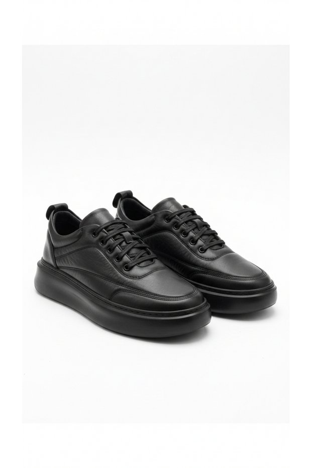 Men's Black Genuine Leather Sneaker - Ultra Light Eva Sole Casual Sports Shoes Mrt26012021