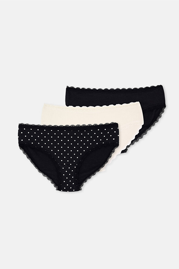 Ecru-Black 3-Piece Printed Hipster Panties with Lace Detail at the Waist and Legs