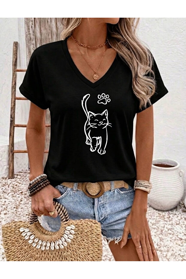 Paw Cat Printed Women's Oversized V-Neck T-Shirt