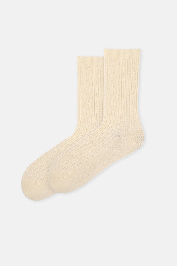 Krem Kadın Örgü Desen Bambu Çorap - 1
