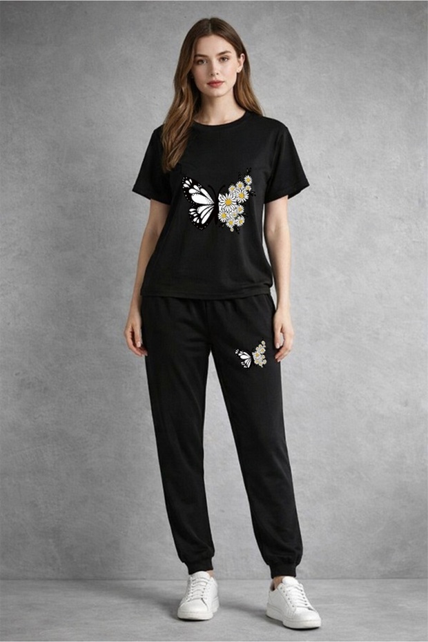 Oversize T-Shirt with Butterfly Print and Elastic Cuffs Sweatpants Set Cotton