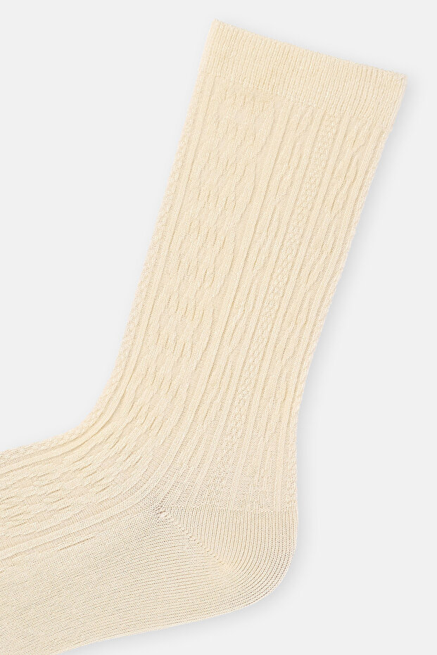 Krem Kadın Örgü Desen Bambu Çorap - 3