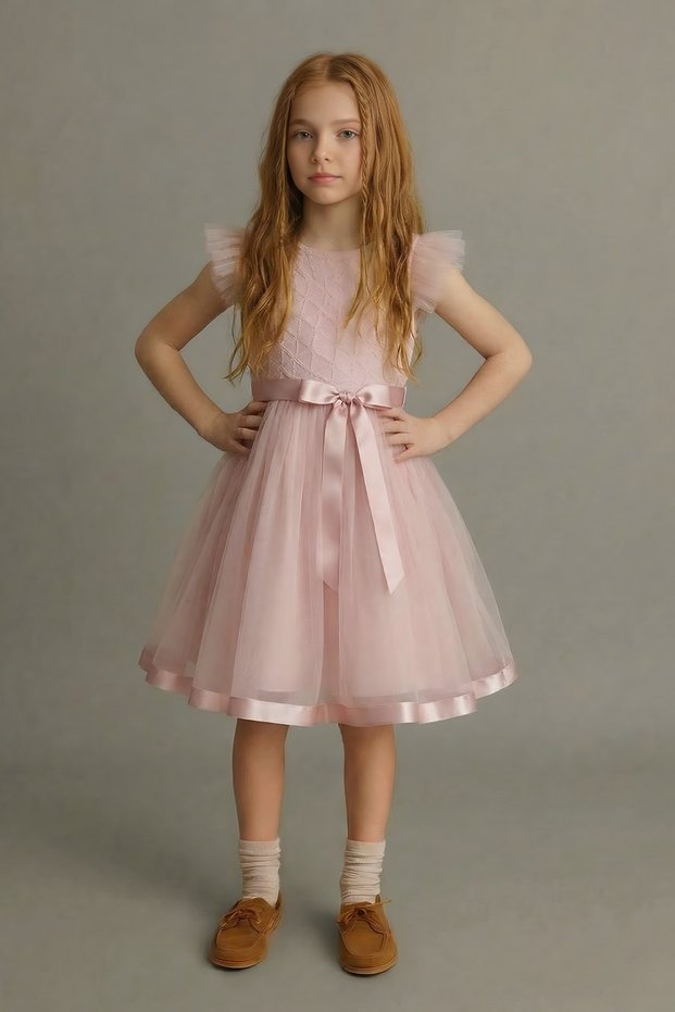 Girls' Formal Dress Pink Color Tulle Sequin-Embroidered Elegant Dress