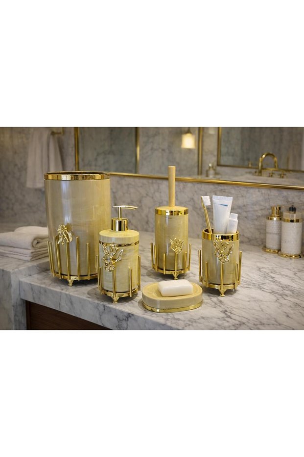 Luxury 5-Piece Bathroom Set with Gold Details, Gold Color Acrylic Round Embellished Soap Dish with Flowers, Etc.