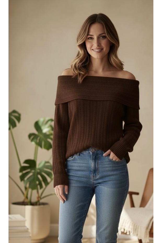 Soft Textured Degaje Madonna Collar Ribbed Knitwear Sweater Standard Size