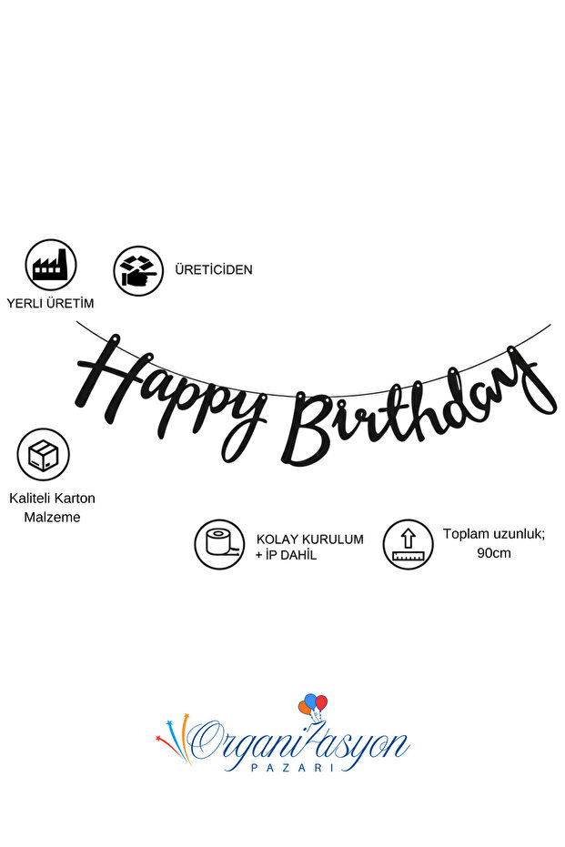 Black Happy Birthday Calligraphy Banner – 1. Classroom Cardboard Banner, Includes Hanging String