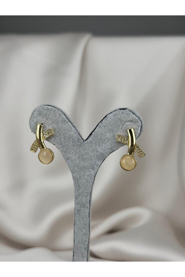 Gold Color Stone Detailed Minimal Round Special Design Earrings