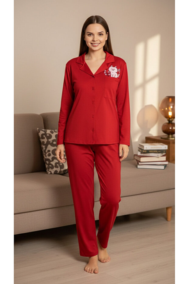Women's Cat Figure Printed Milan Fabric 100% Cotton Pajama Set