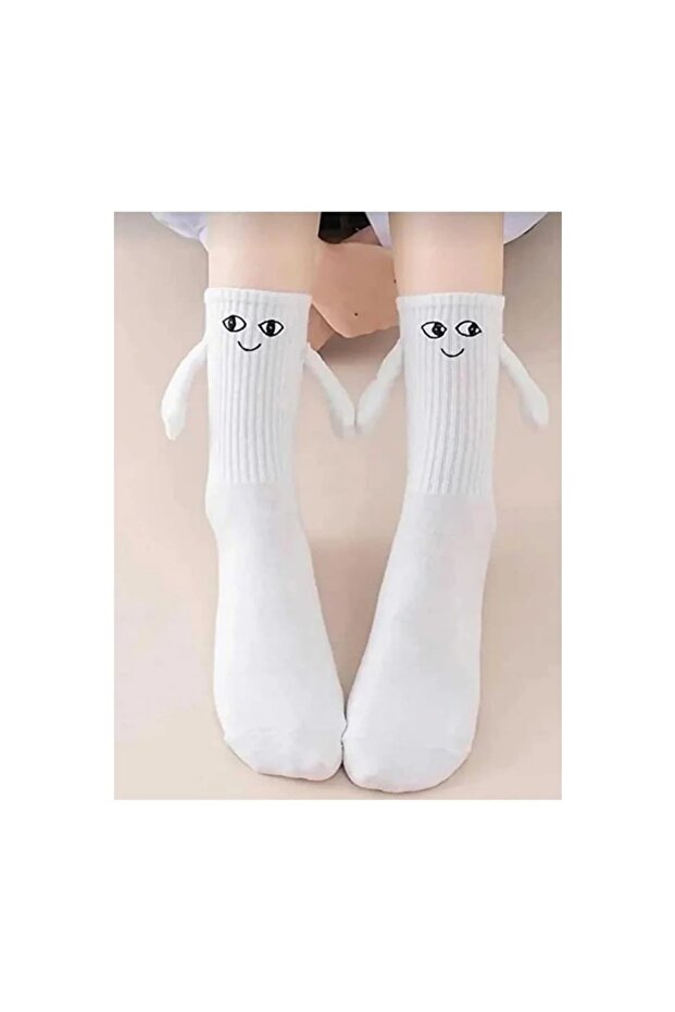 White Color Rose Patterned Combed Cotton Tennis Socks with Magnetic Grips, 4 Pairs