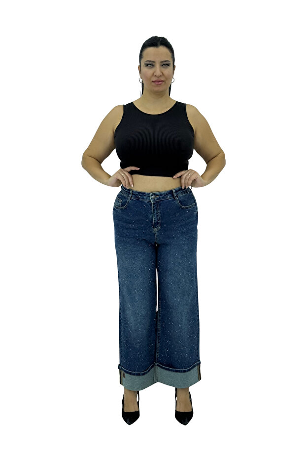 Plus Size Denim High Waist Wide Leg Women's Pants with Stones