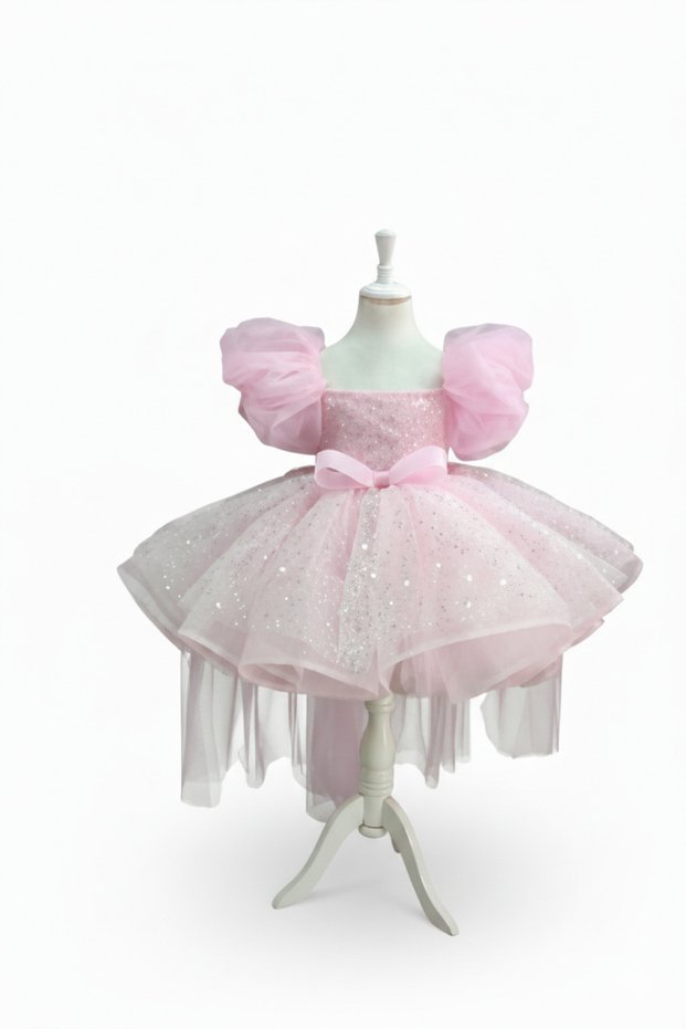 Girl's Beaded Detailed Tutu Dress, Balloon Sleeve Princess Model Special Occasion Dress