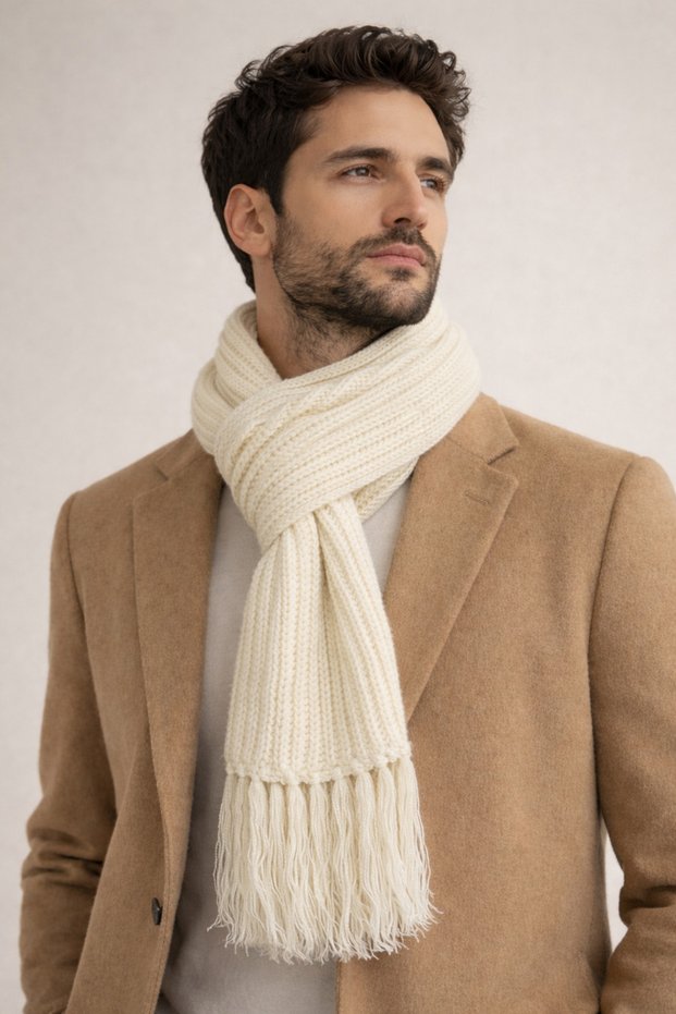 Men's Scarf Knitwear with Tassels Cream - Winter Warm