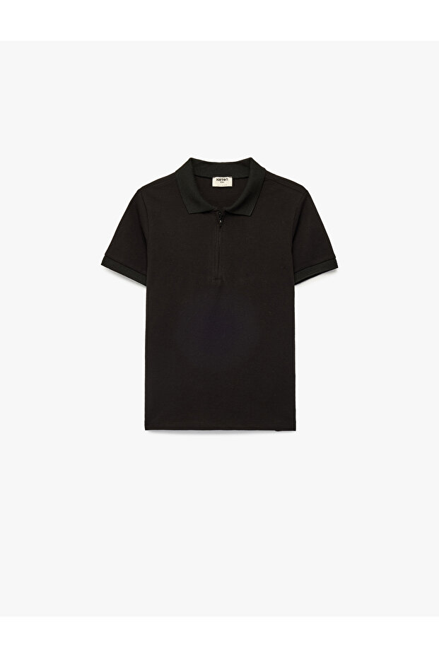 Cotton Zipper Detailed Short Sleeve Polo Collar T-Shirt